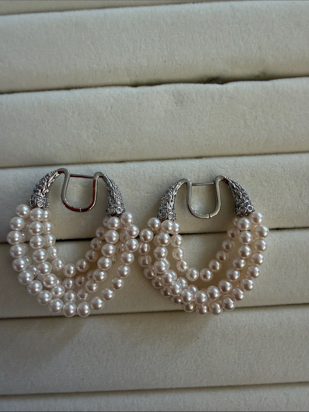 Multi-Strand Pearl Hoop Earrings with Silver Accents - Ivory